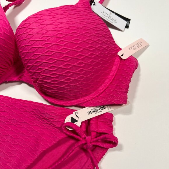Victoria Secret 38DD L ICON Push Up Bikini Top Bottom Set Textured Pink - Picture 4 of 10